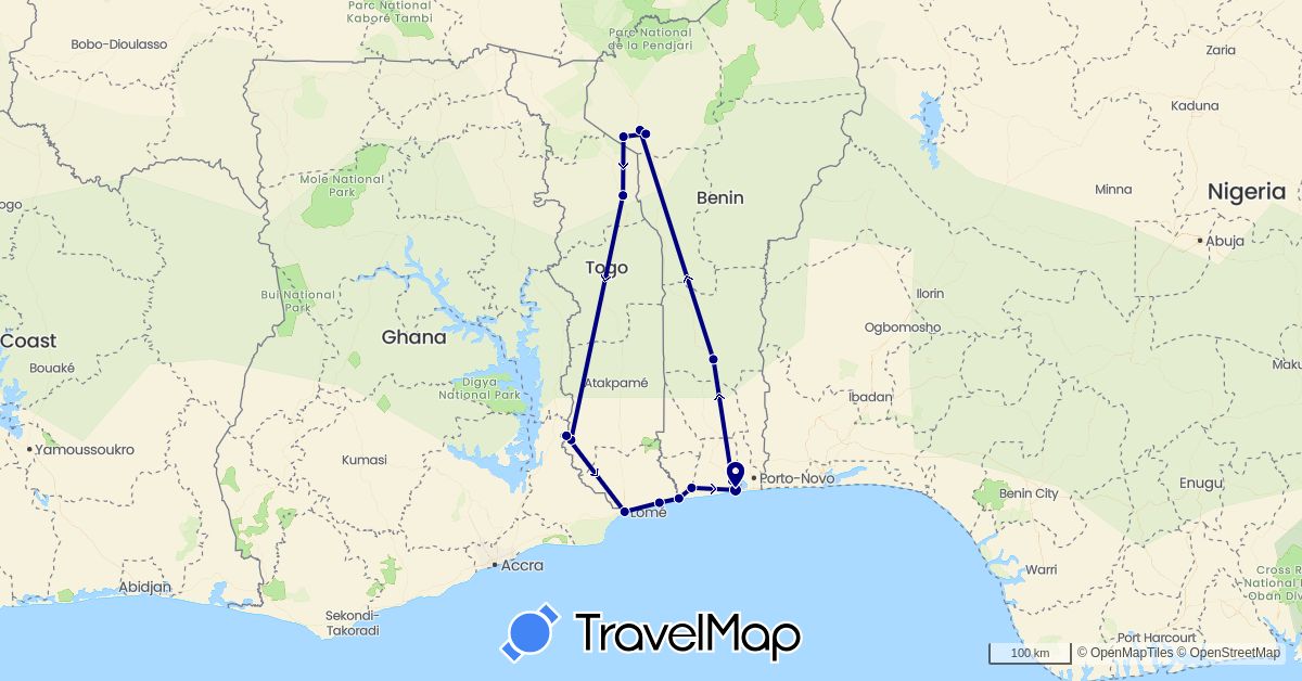 TravelMap itinerary: driving in Benin, Togo (Africa)